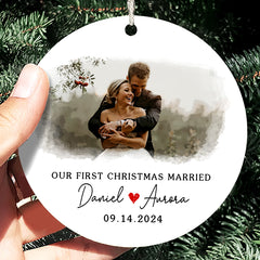 First Xmas Married Ornament | Married Ceramic Ornament With Custom Photo And Date | Circle Shape