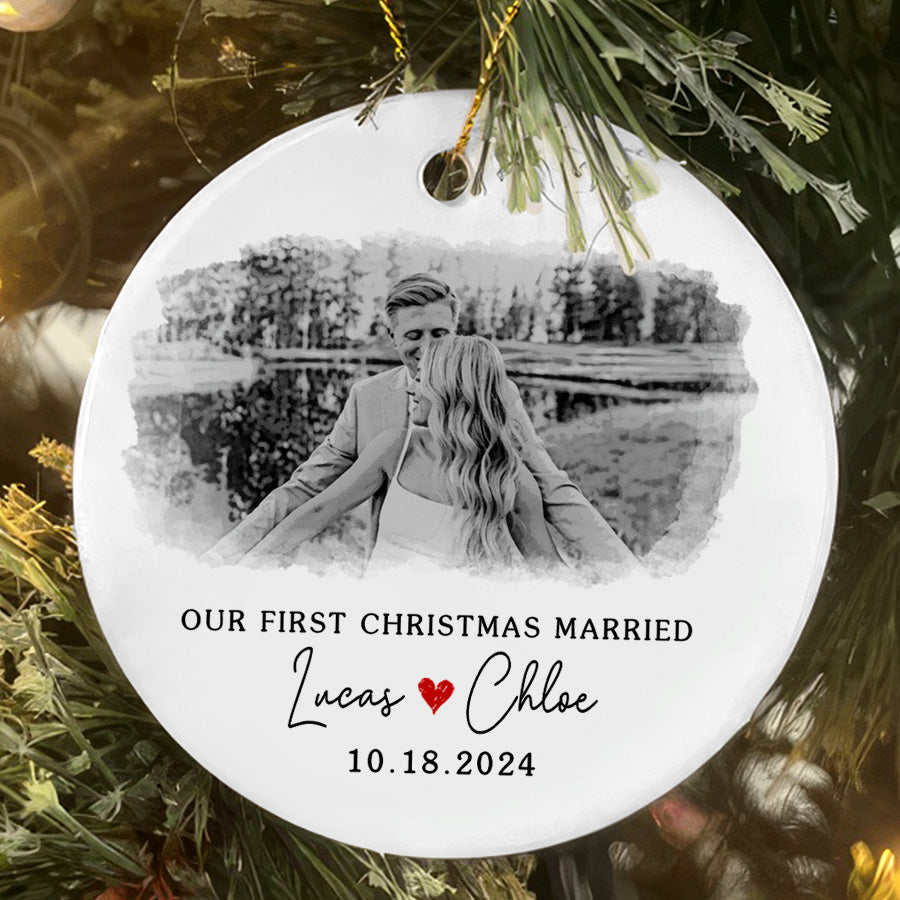 First Xmas Married Ornament | Wedding Ceramic Ornament With Custom Photo | Circle Shape