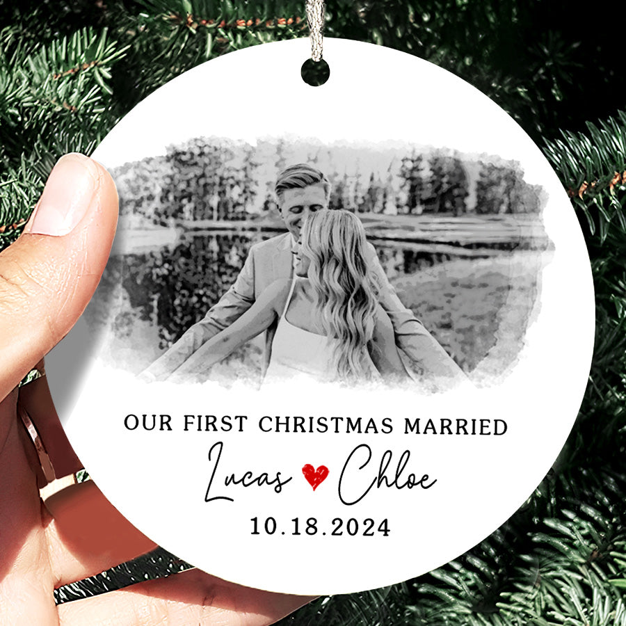 First Xmas Married Ornament | Wedding Ceramic Ornament With Custom Name | Circle Shape
