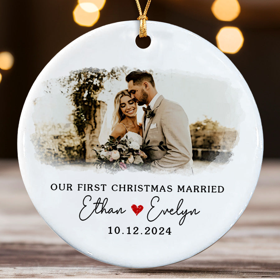 First Xmas Married Ornament | Married Ceramic Ornament With Custom Name And Date | Circle Shape
