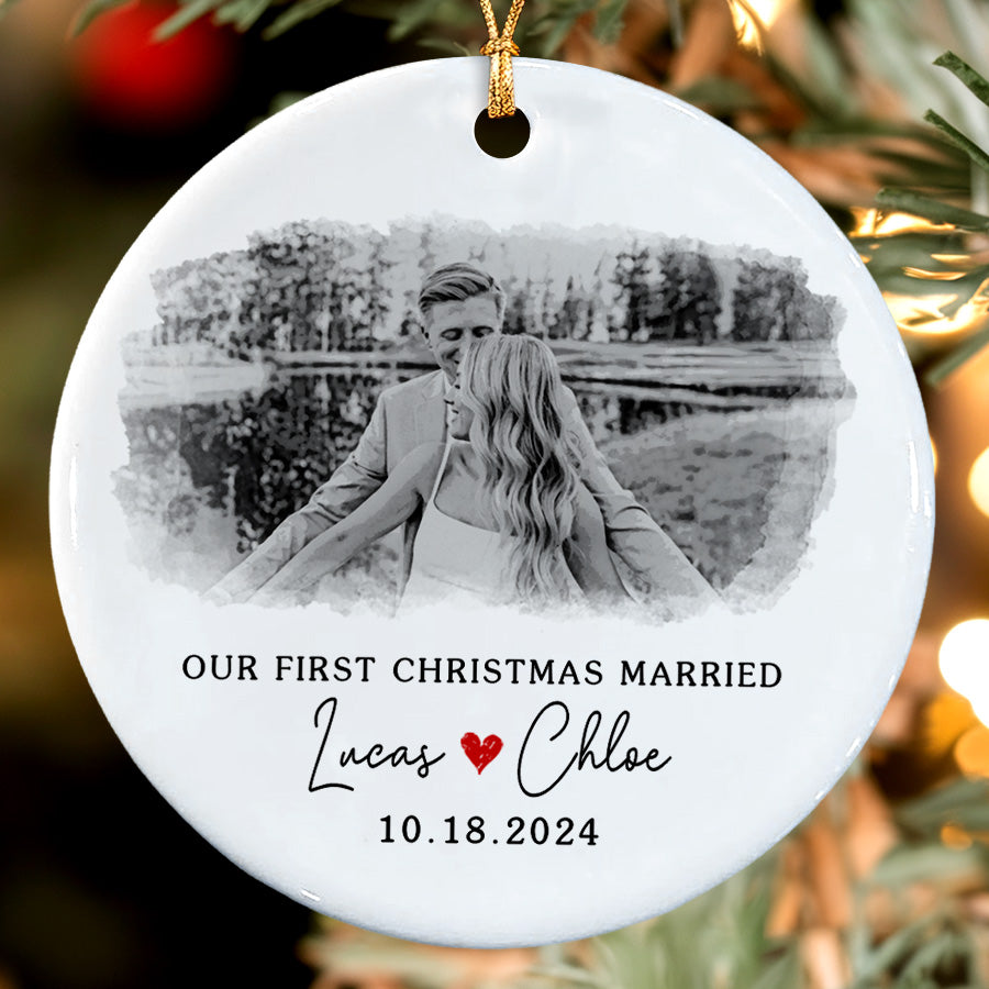 First Xmas Married Ornament | Wedding Ceramic Ornament With Custom Name | Circle Shape