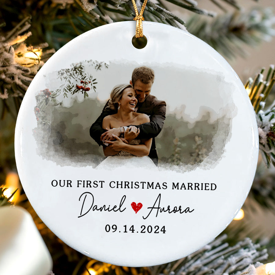 First Xmas Married Ornament | Married Ceramic Ornament With Custom Photo And Date | Circle Shape