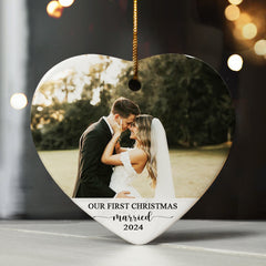 Just Married Ornament | Wedding Ceramic Ornament With Custom Photo | Heart Shape