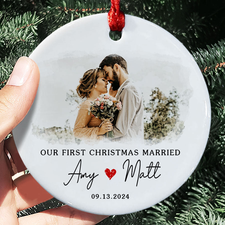 Just Married Ornament | Wedding Ceramic Ornament With Custom Photo | Circle Shape