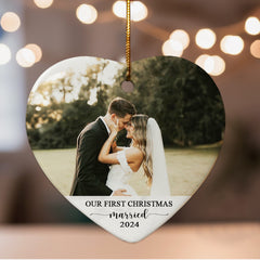 Just Married Ornament | Wedding Ceramic Ornament With Custom Photo | Heart Shape
