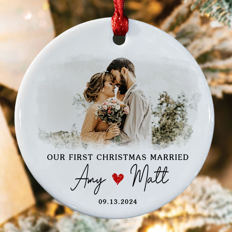 Just Married Ornament | Wedding Ceramic Ornament With Custom Photo | Circle Shape