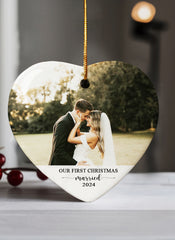 Just Married Ornament | Wedding Ceramic Ornament With Custom Photo | Heart Shape