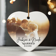 Married Christmas Ornament | Wedding Ceramic Ornament With Custom Photo | Heart Shape
