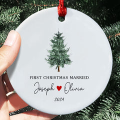 Married Christmas Ornament | Wedding Ceramic Ornament With Custom Name | Circle Shape