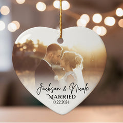 Married Christmas Ornament | Wedding Ceramic Ornament With Custom Photo | Heart Shape