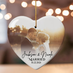 Married Christmas Ornament | Wedding Ceramic Ornament With Custom Photo | Heart Shape