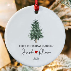 Married Christmas Ornament | Wedding Ceramic Ornament With Custom Name | Circle Shape