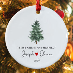 Married Christmas Ornament | Wedding Ceramic Ornament With Custom Name | Circle Shape
