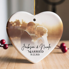 Married Christmas Ornament | Wedding Ceramic Ornament With Custom Photo | Heart Shape
