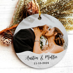 First Christmas Married Ornament | Custom Photo Circle Ceramic Ornament | Circle Shape 1-side Printed