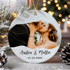 First Christmas Married Ornament | Custom Photo Circle Ceramic Ornament | Circle Shape 1-side Printed