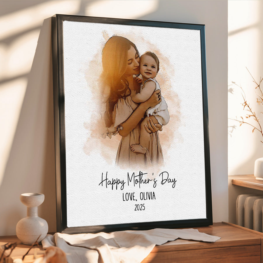 Personalized First Mothers Day Gift | Personalized Watercolor Portrait Gift For New Mom