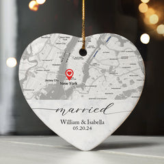 Personalized Wedding Ornaments | Wedding Ceramic Ornament With Custom Map | Heart Shape