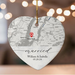 Personalized Wedding Ornaments | Wedding Ceramic Ornament With Custom Map | Heart Shape