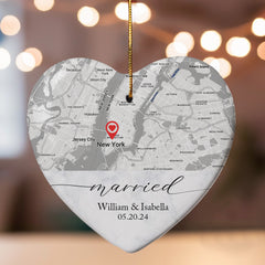 Personalized Wedding Ornaments | Wedding Ceramic Ornament With Custom Map | Heart Shape