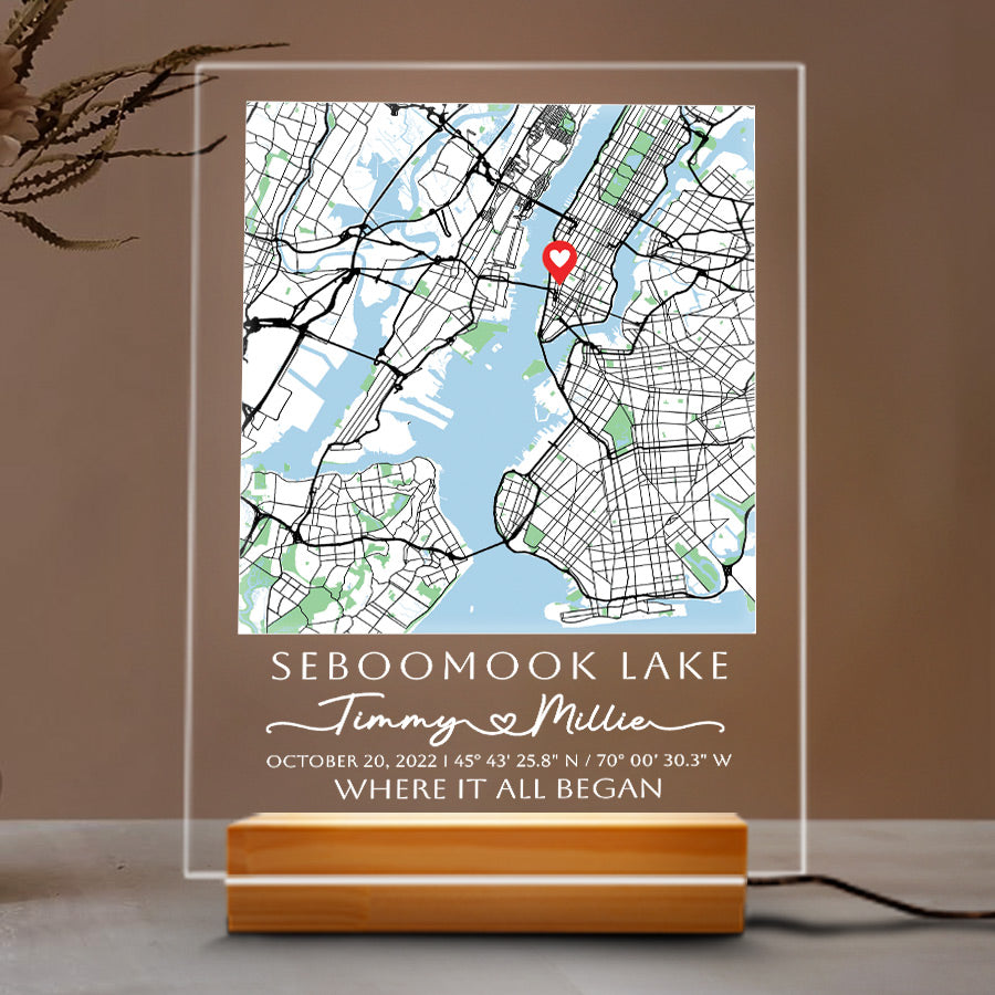 First Valentine Gift for Boyfriend Personalized | Custom Map Acrylic Plaque Led Night Light