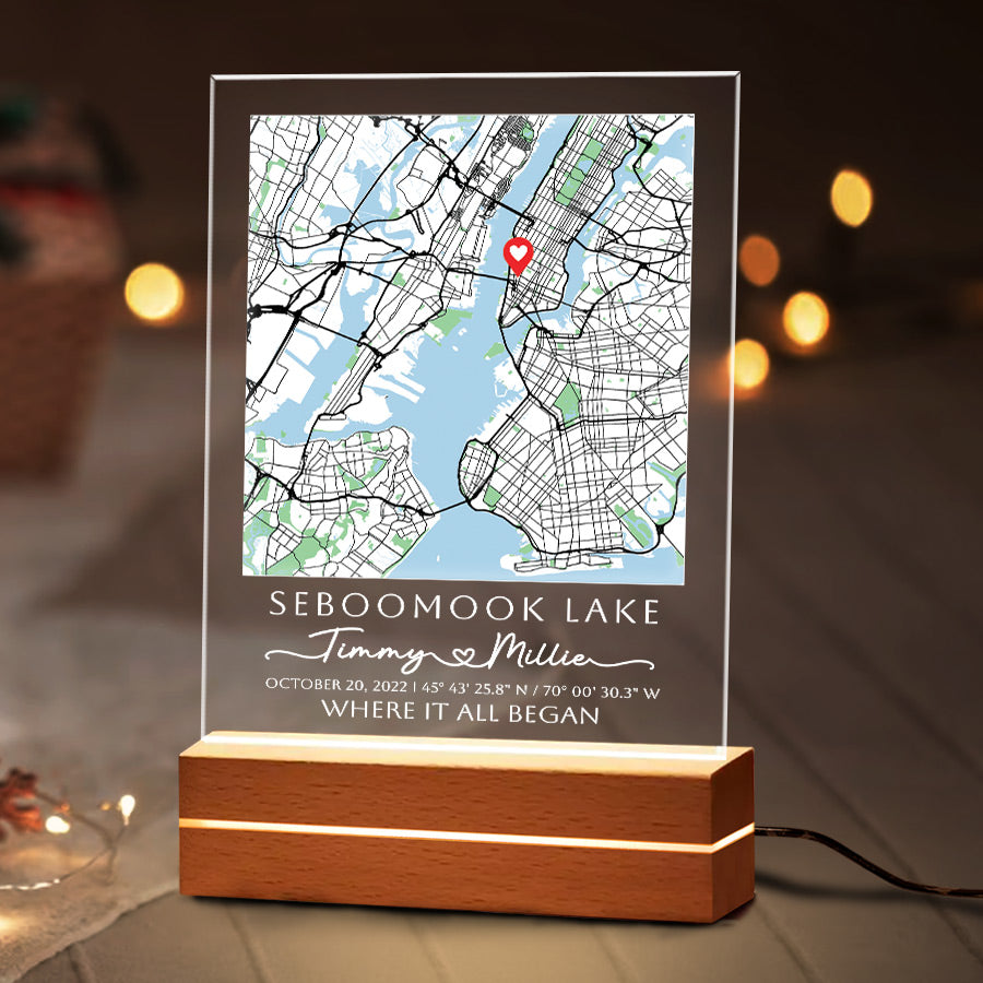 First Valentine Gift for Boyfriend Personalized | Custom Map Acrylic Plaque Led Night Light