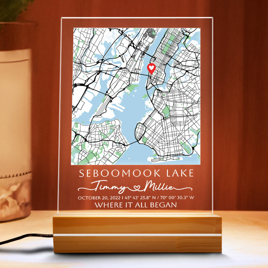 First Valentine Gift for Boyfriend Personalized | Custom Map Acrylic Plaque Led Night Light