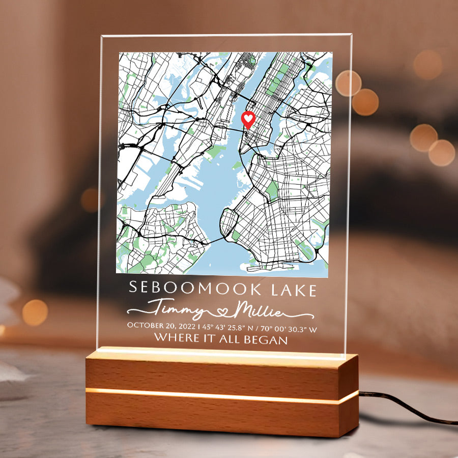 First Valentine Gift for Boyfriend Personalized | Custom Map Acrylic Plaque Led Night Light