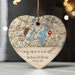 Wedding Christmas Ornament | Wedding Ceramic Ornament With Custom Map | Heart Shape
