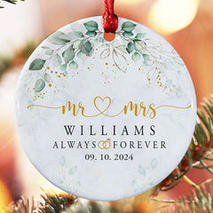 Wedding Christmas Ornament | Mr and Mrs Ceramic Ornament For Couple | Circle Shape