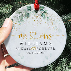 Wedding Christmas Ornament | Mr and Mrs Ceramic Ornament For Couple | Circle Shape