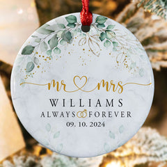 Wedding Christmas Ornament | Mr and Mrs Ceramic Ornament For Couple | Circle Shape