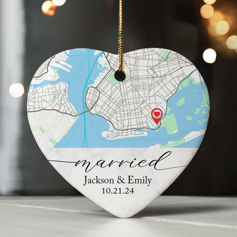 Wedding Christmas Ornament | Custom Map Ceramic Ornament For Couple | Heart Shape