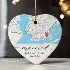 Wedding Christmas Ornament | Custom Map Ceramic Ornament For Couple | Heart Shape