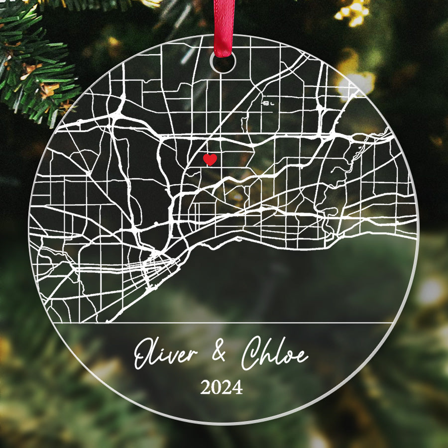 Wedding Ornament | Custom Map Acrylic Ornament For Couple | Circle Shape