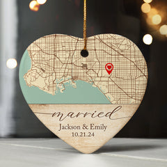 Wedding Ornament | Ceramic Ornament With Custom Map | Heart Shape
