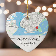Wedding Christmas Ornament | Custom Map Ceramic Ornament For Couple | Heart Shape