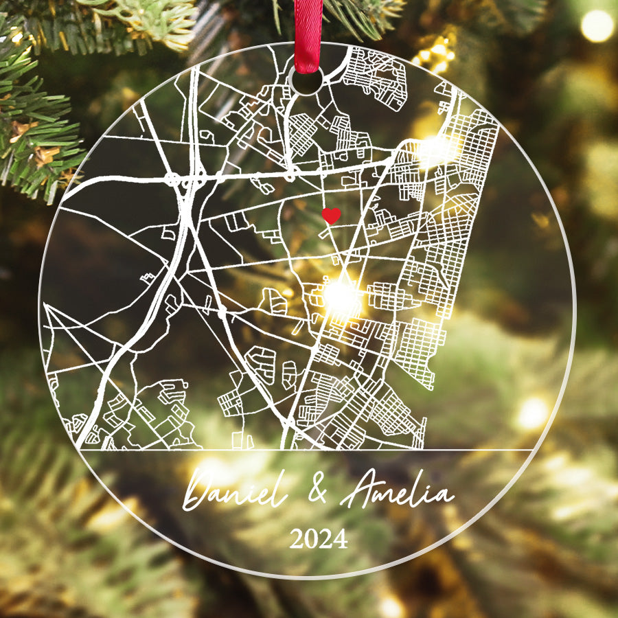 Wedding Ornament | Couple Acrylic Ornament With Custom Map | Circle Shape