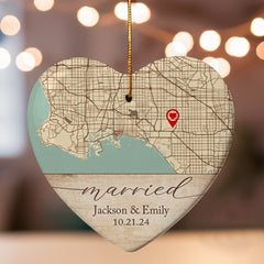 Wedding Ornament | Ceramic Ornament With Custom Map | Heart Shape