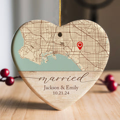 Wedding Ornament | Ceramic Ornament With Custom Map | Heart Shape