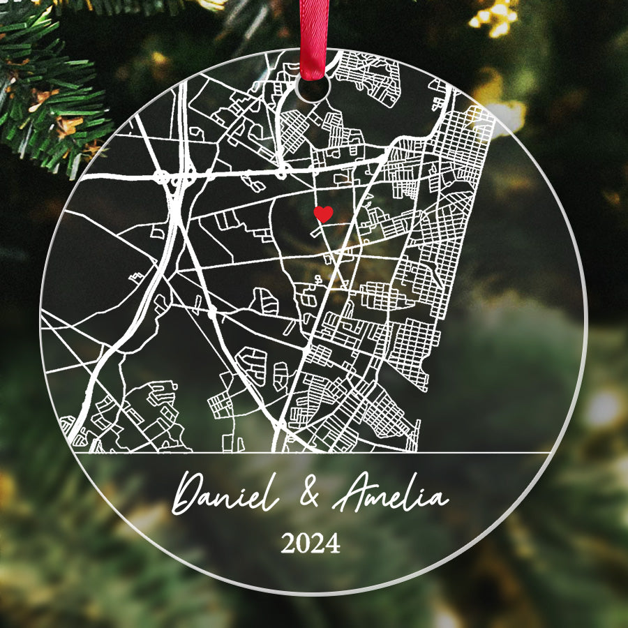 Wedding Ornament | Couple Acrylic Ornament With Custom Map | Circle Shape