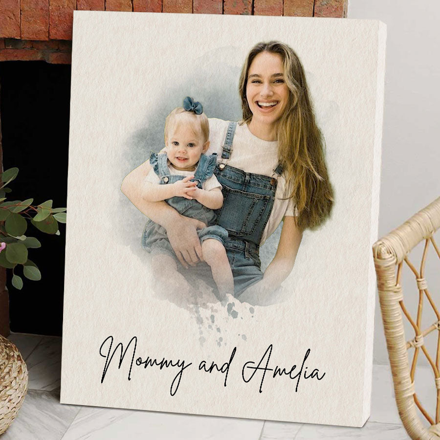 First Mothers Day Gift | Watercolor Custom Photo Canvas Print For New Mom