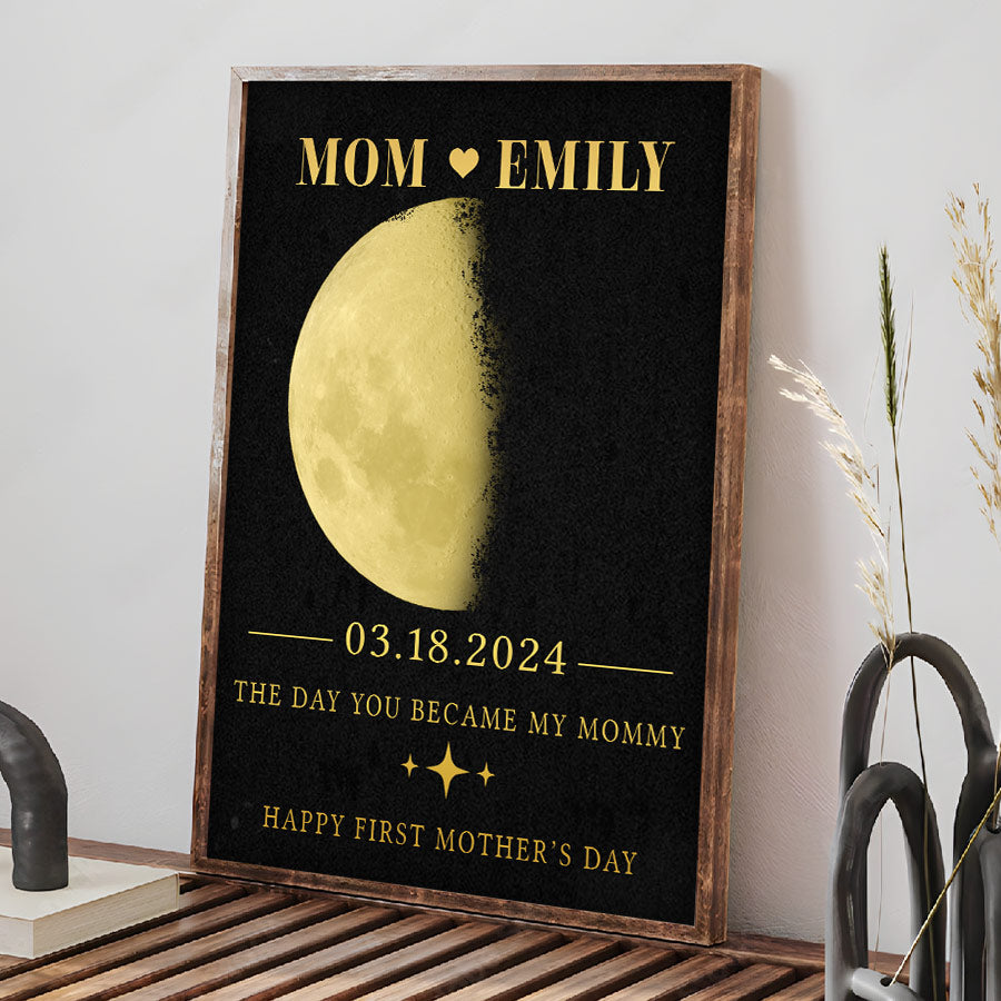 First Time Mothers Day Gift | Personalized Moon Phase Mom Canvas Painting