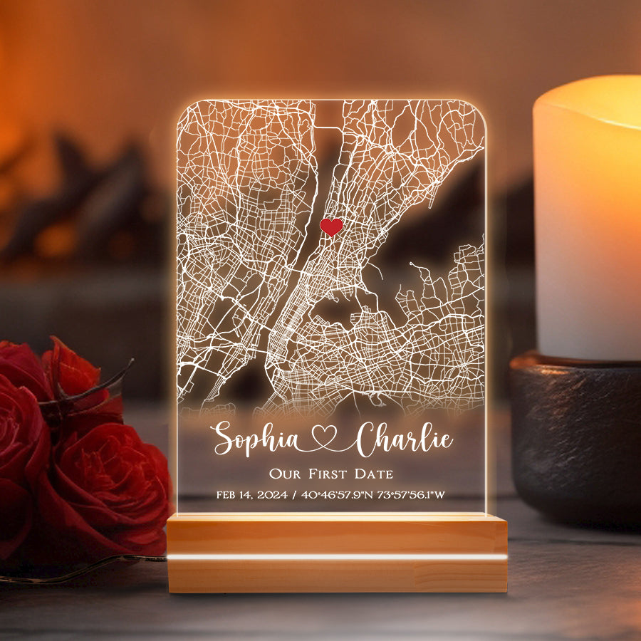 Mens Personalized Valentines Gifts | Custom Map Acrylic Plaque Led Night Light