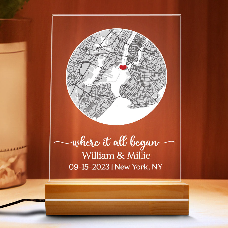 Personal Valentines Gifts for Him | Custom Map Acrylic Plaque Night Light Led