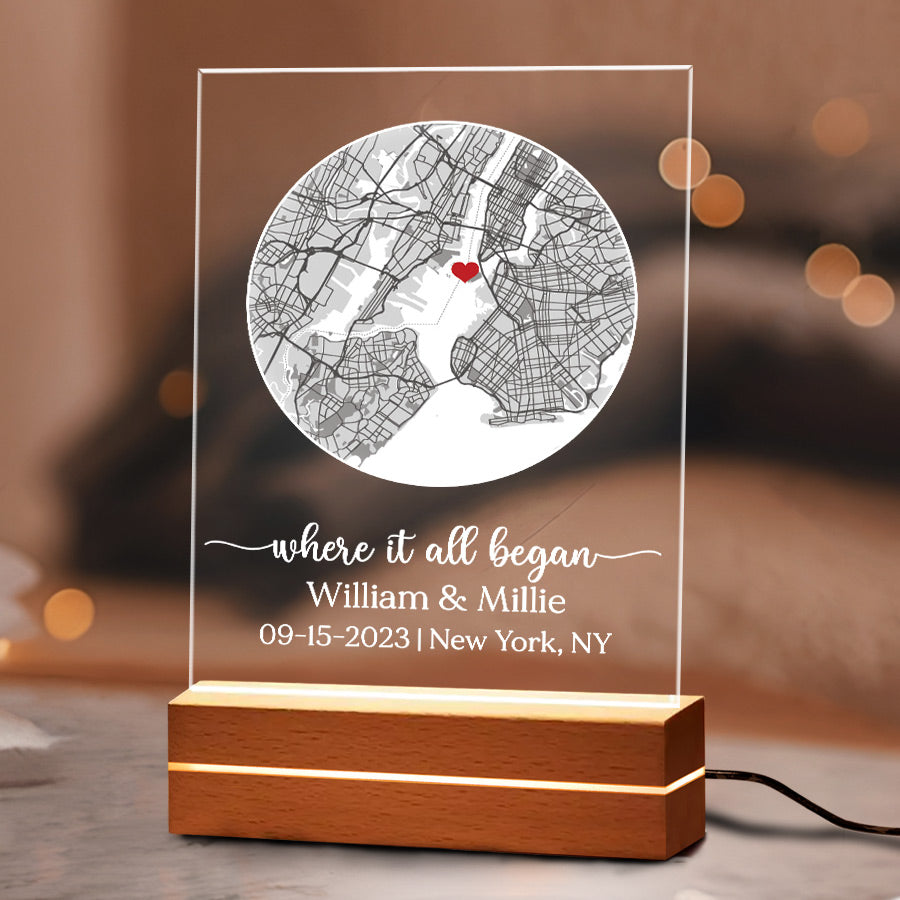 Personal Valentines Gifts for Him | Custom Map Acrylic Plaque Night Light Led