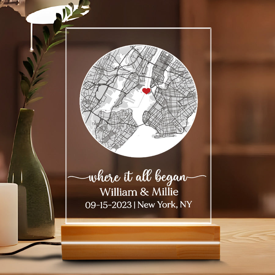 Personal Valentines Gifts for Him | Custom Map Acrylic Plaque Night Light Led