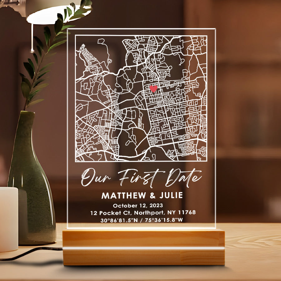 Personalised Boyfriend Valentines Gifts | Our First Date Custom Map Led Night Light
