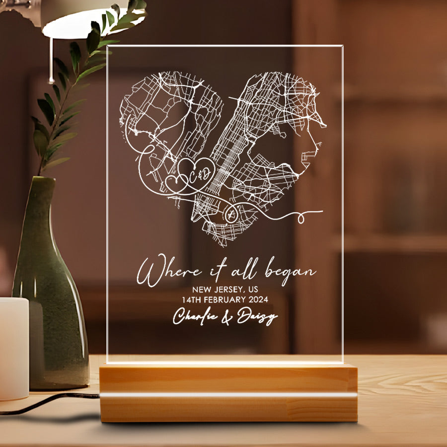 Personalized Valentines Day Gifts for Him | Where It All Began Custom Map Led Night Light