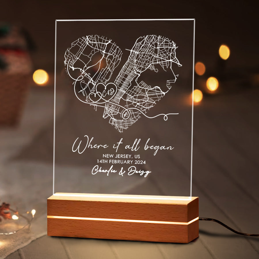 Personalized Valentines Day Gifts for Him | Where It All Began Custom Map Led Night Light